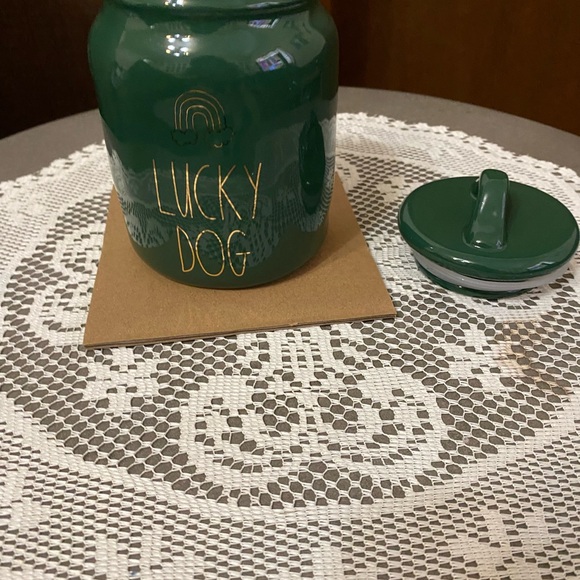 Rae Dunn Lucky Dog canister green with gold letters. - Picture 2 of 7